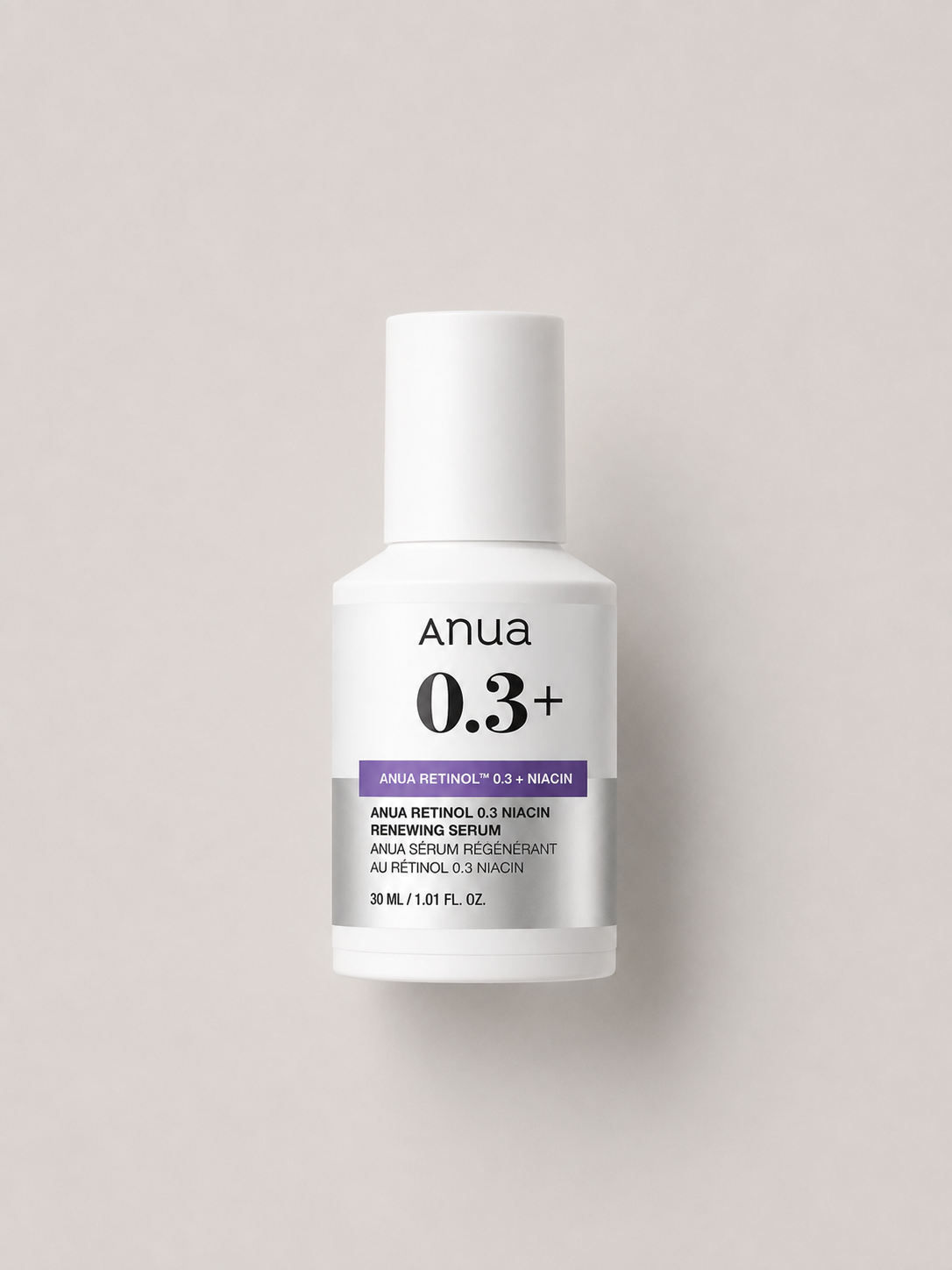 Korean skincare - Anua Retinol 0.3% + Niacin Renewing Serum, 30 ml, in a white bottle on a light greige background