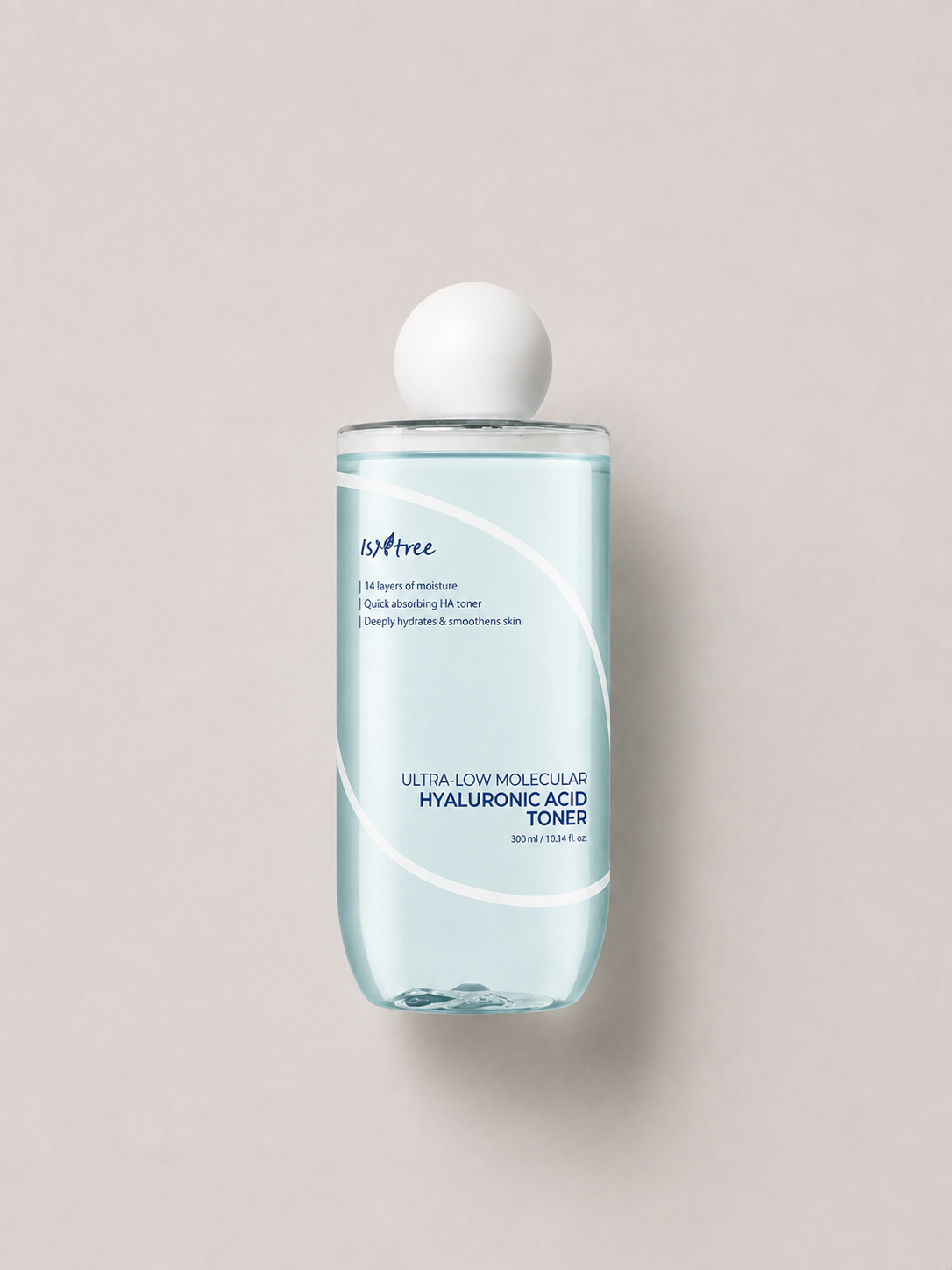 A bottle of korean skincare - Isntree Ultra-Low Molecular Hyaluronic Acid Toner with a white spherical cap, set against a solid light gray background. 300 ml.