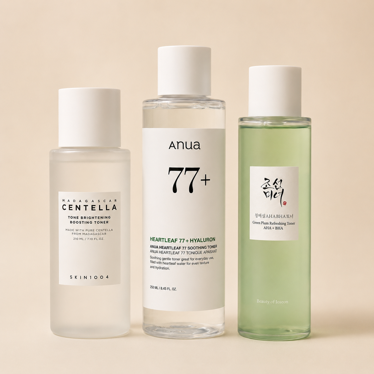 Korean facial toners on a light beige background