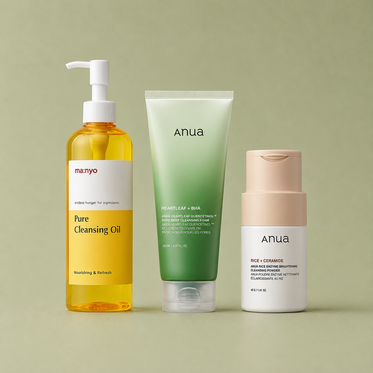 Korean cleansing products on a soft olive background