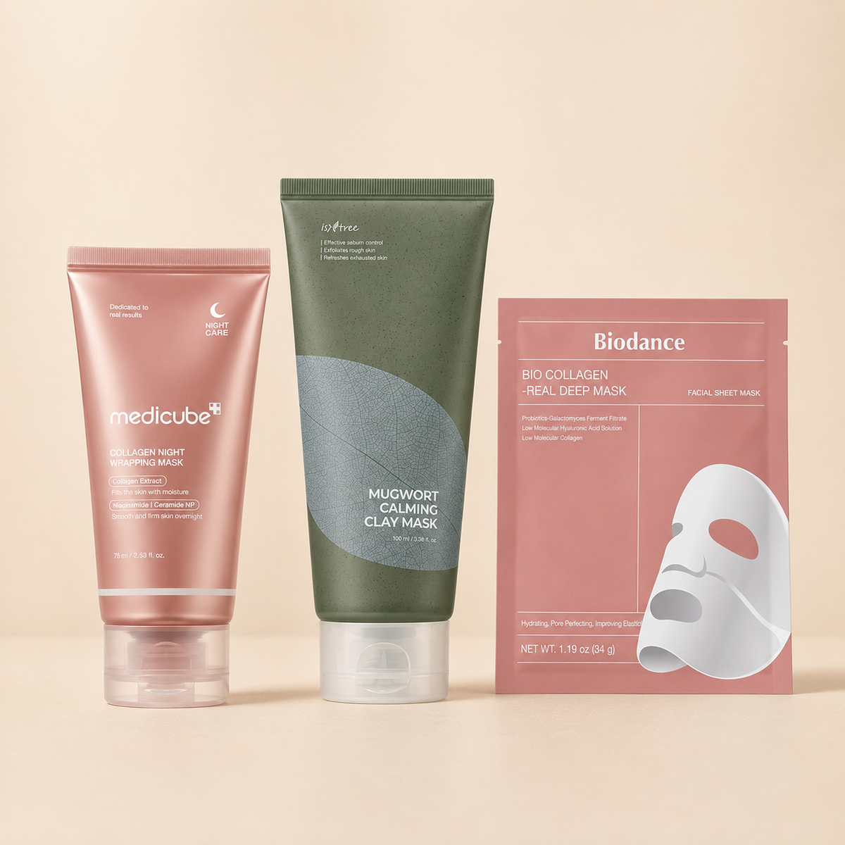 Korean skincare masks on a light beige background