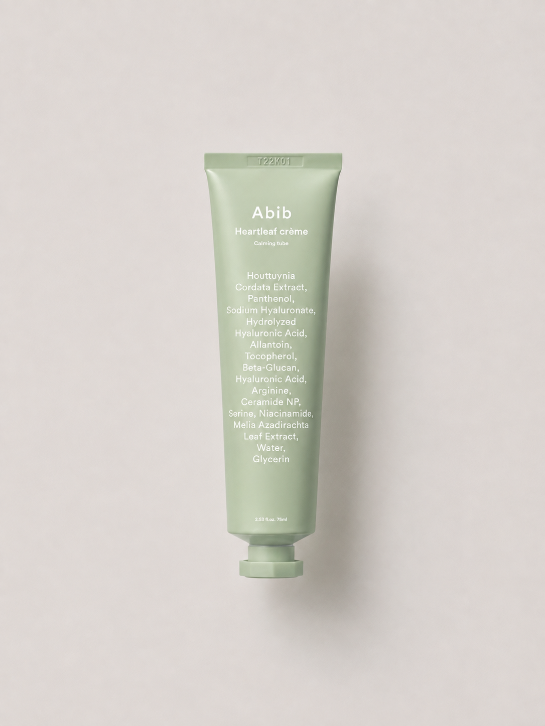 Abib Heartleaf Creme Calming Tube 75 მლ — ღია სალბისფერ ტუბში, ღია ნაცრისფერ ფონზე