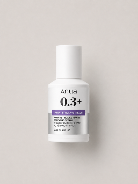 Korean skincare - Anua Retinol 0.3% + Niacin Renewing Serum, 30 ml, in a white bottle on a light greige background